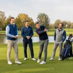 Vier Golfende beim Scramble: Eine Person schlägt auf dem Fairway, drei schauen unterstützend zu.