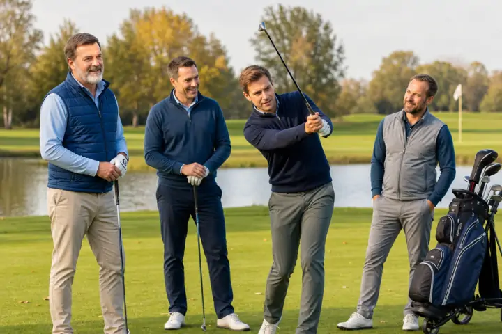 Vier Golfende beim Scramble: Eine Person schlägt auf dem Fairway, drei schauen unterstützend zu.