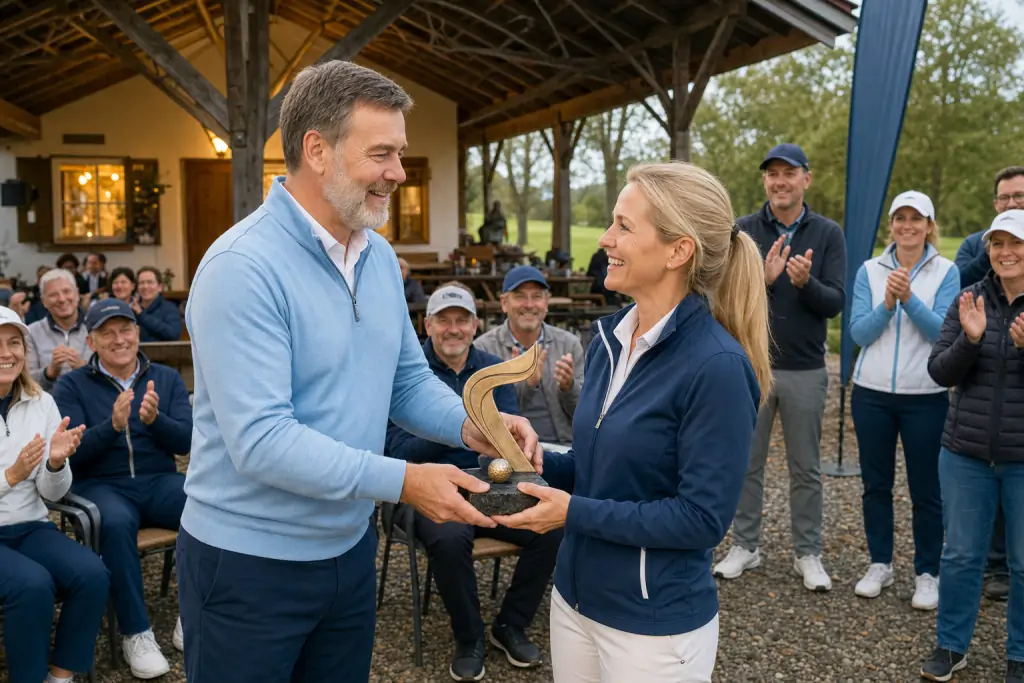 Ein Eventvertreter überreicht den PRECI-Impact-Award an eine Geschäftsführerin, während Gäste applaudieren.