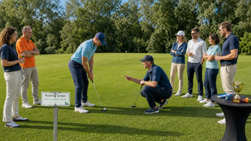 Gäste mit Getränken beim Putting-Contest auf dem Übungsgrün, ein Golf-Pro gibt Tipps.