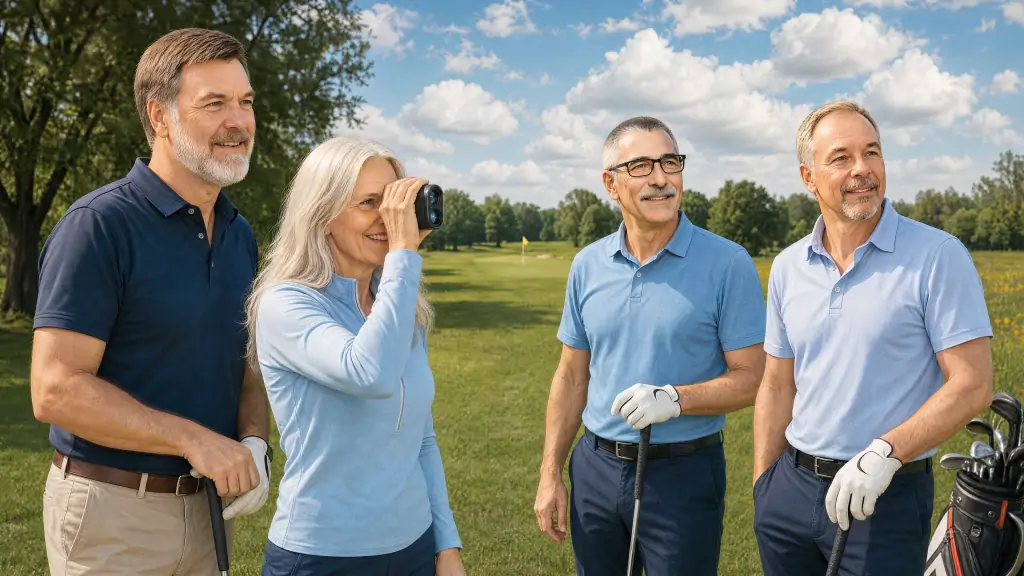 Teilnehmerin misst mit Rangefinder die Entfernung zur Fahne, Flight-Partner beobachten den Schlag.