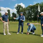 Golfspieler markieren Ball auf dem Green, während ein Marshall ruhig die Regel erklärt
