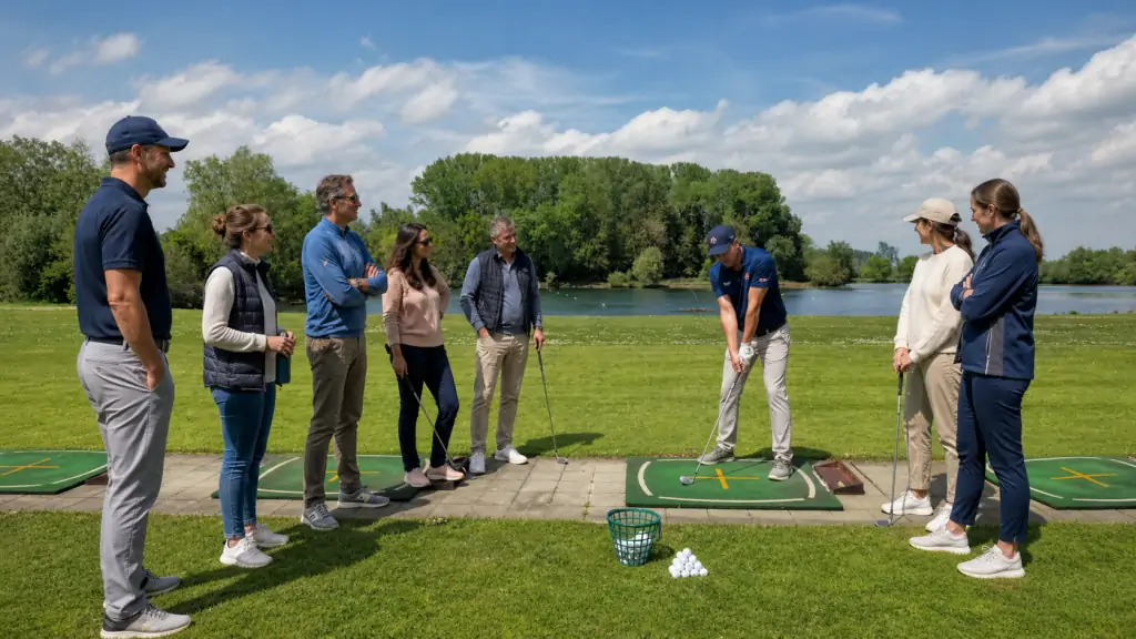 Ein Golf-Pro führt Gäste beim Schnuppergolfen auf der Driving Range in die ersten Schwünge ein.