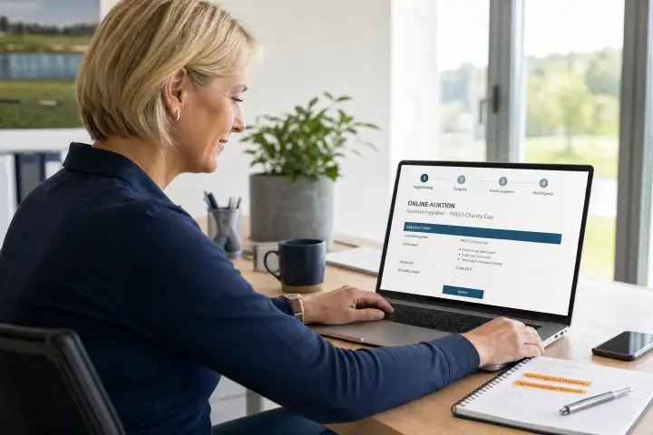 Geschäftsführerin bietet am Laptop auf ein Sponsoringpaket beim PRECI Charity Cup