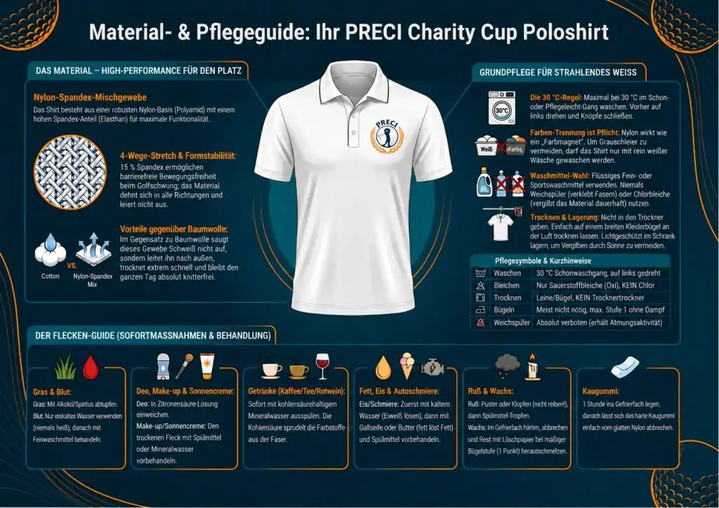 Übersicht zu Nylon-Spandex-Material, Waschsymbolen und Fleckenbehandlung des PRECI-Charity-Cup Poloshirts