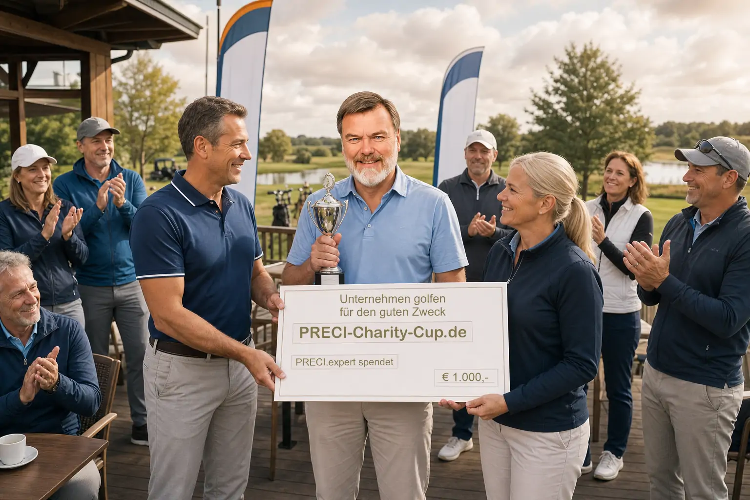 Spendenübergabe beim PRECI-Charity-Cup mit Pokalgewinnern und applaudierenden Gästen am Golfclub Dillingen