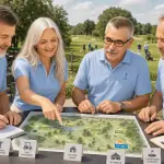Vier Organisatoren planen Sponsoring-Bausteine am Lageplan eines Golfplatzes auf der Clubterrasse.