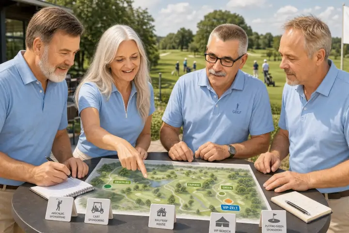Vier Organisatoren planen Sponsoring-Bausteine am Lageplan eines Golfplatzes auf der Clubterrasse.