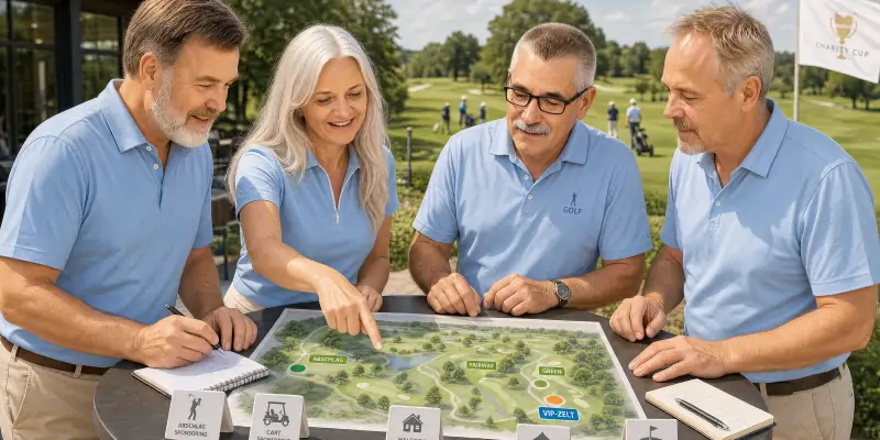 Vier Organisatoren planen Sponsoring-Bausteine am Lageplan eines Golfplatzes auf der Clubterrasse.