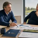Zwei Entscheider prüfen Unterlagen und Tablet zur Sponsoring-Planung im Besprechungsraum