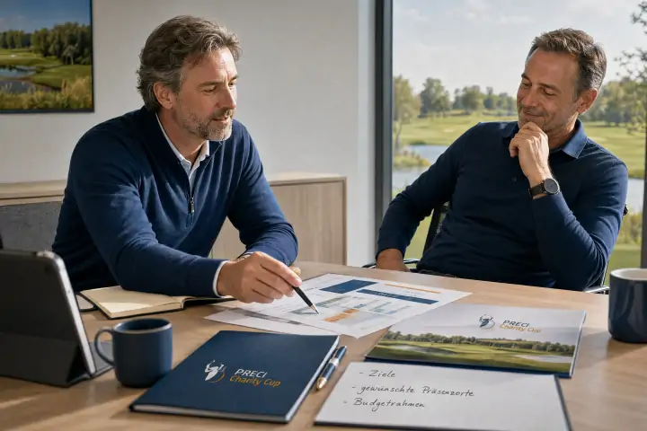 Zwei Entscheider prüfen Unterlagen und Tablet zur Sponsoring-Planung im Besprechungsraum
