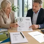 Kaufmännische Leiterin und Geschäftsführer prüfen Sponsoring-Rechnung beim PRECI-Charity-Cup im Besprechungsraum