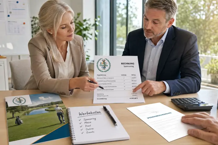 Kaufmännische Leiterin und Geschäftsführer prüfen Sponsoring-Rechnung beim PRECI-Charity-Cup im Besprechungsraum