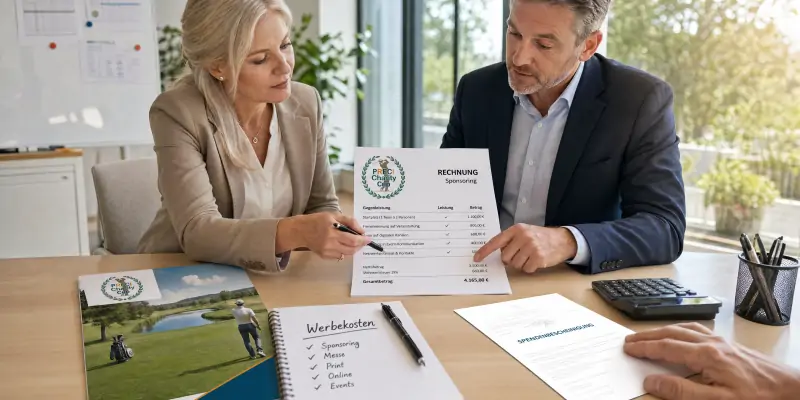 Kaufmännische Leiterin und Geschäftsführer prüfen Sponsoring-Rechnung beim PRECI-Charity-Cup im Besprechungsraum