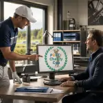 Golfspieler bespricht im Büro mit einem Geschäftsführer Sponsoring für den PRECI Charity Cup.