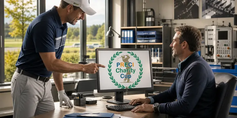 Golfspieler bespricht im Büro mit einem Geschäftsführer Sponsoring für den PRECI Charity Cup.