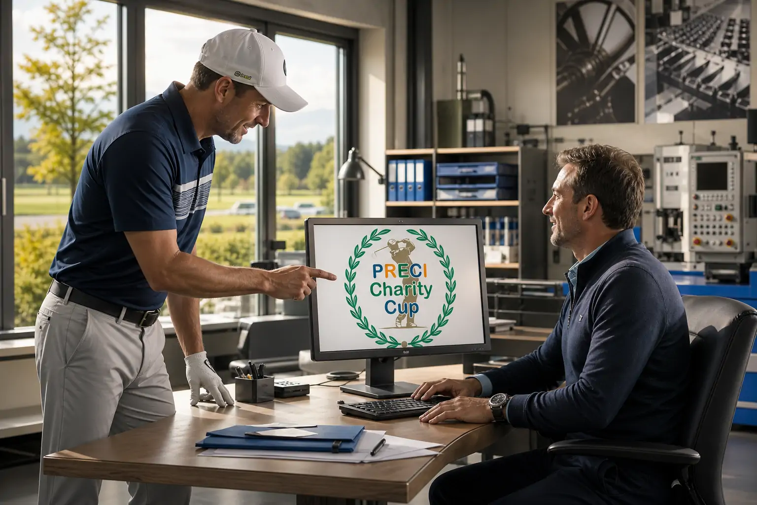 Golfspieler bespricht im Büro mit einem Geschäftsführer Sponsoring für den PRECI Charity Cup.