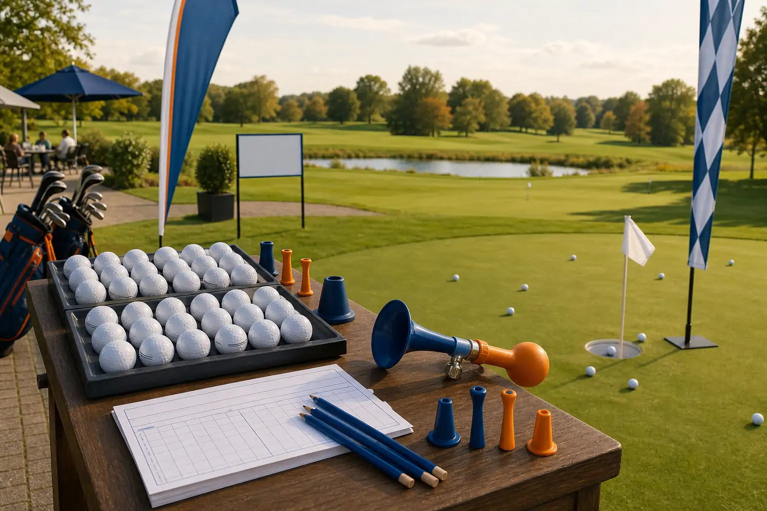 Startertisch mit Golfbällen, Scorekarten und Starterhorn am Übungsgrün eines 9-Loch-Charity-Golftags.