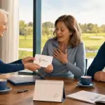 Unternehmerin überreicht Mitarbeiterin eine Einladung zum PRECI-Charity-Cup im Besprechungsraum.