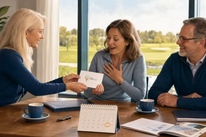 Unternehmerin überreicht Mitarbeiterin eine Einladung zum PRECI-Charity-Cup im Besprechungsraum.