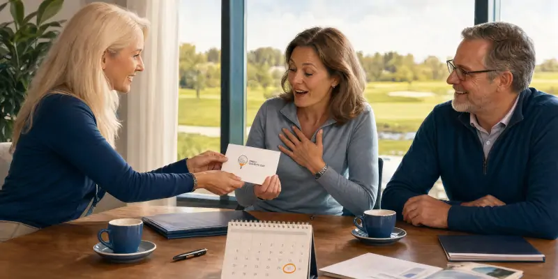 Unternehmerin überreicht Mitarbeiterin eine Einladung zum PRECI-Charity-Cup im Besprechungsraum.