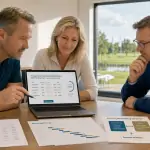 Drei Entscheider prüfen am Laptop ein Online-Bieterverfahren für Sponsoring beim PRECI Charity Cup.