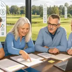 Vier Organisatoren prüfen Gesetzestexte im Besprechungsraum mit Blick auf Golfplatz