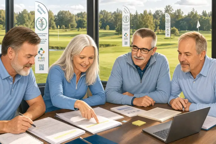 Vier Organisatoren prüfen Gesetzestexte im Besprechungsraum mit Blick auf Golfplatz