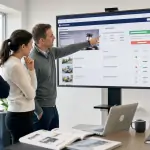 Mehrere Personen prüfen gemeinsam eine Auktionsoberfläche auf einem großen Bildschirm im Büro.