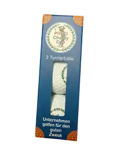 Blaue 3er-Packung der PRECI-Charity-Cup Turnierbälle mit Sichtfenster, Cup-Logo. 4-Layer, Urethan Außenhaut.