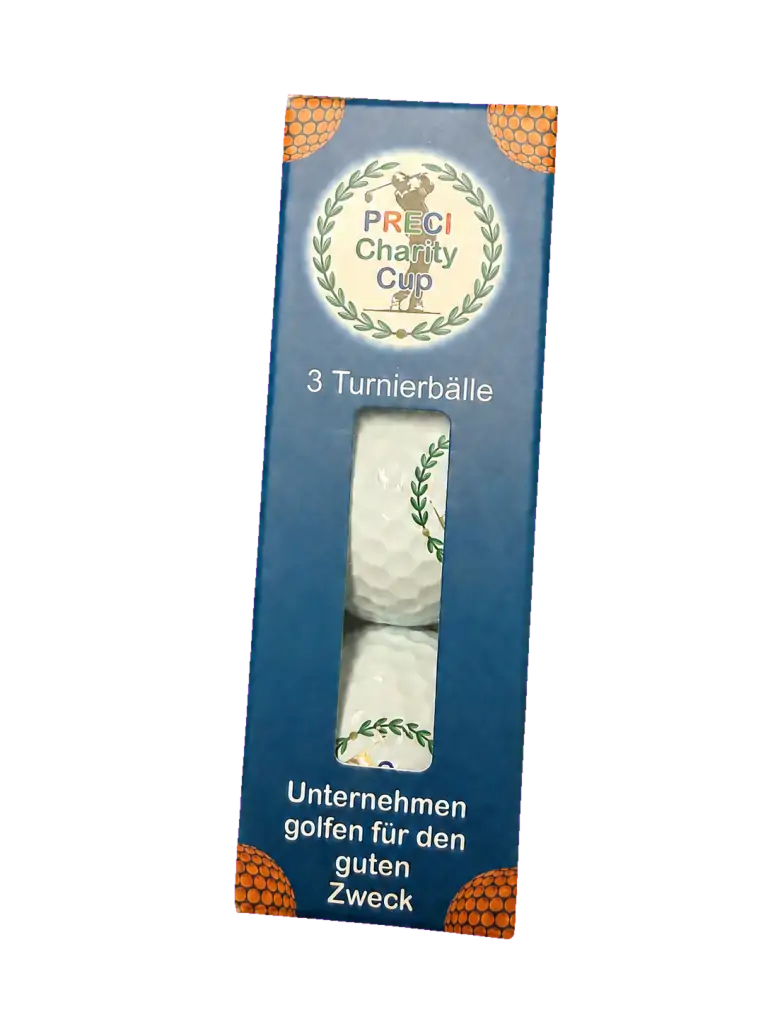 Blaue 3er-Packung der PRECI-Charity-Cup Turnierbälle mit Sichtfenster, Cup-Logo und dem Satz Unternehmen golfen für den guten Zweck