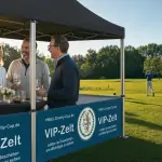 Gastgeber und drei Gäste im VIP-Zelt am Golfplatz während ein Flight abschlägt
