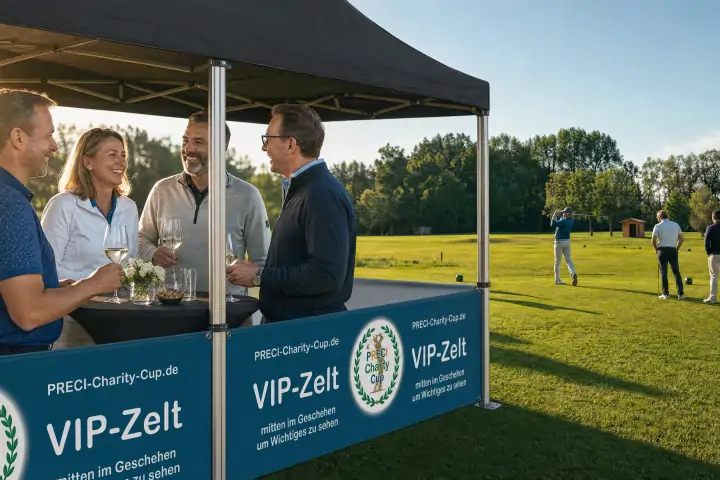 Gastgeber und drei Gäste im VIP-Zelt am Golfplatz während ein Flight abschlägt