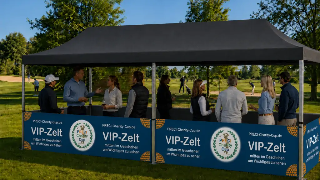 Gäste verfolgen aus dem VIP-Zelt des PRECI-Charity-Cup das Turniergeschehen direkt am Platz.