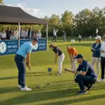 VIP-Zelt am Grün mit Gästen beim Putting-Contest, Applaus nach gelochtem Putt