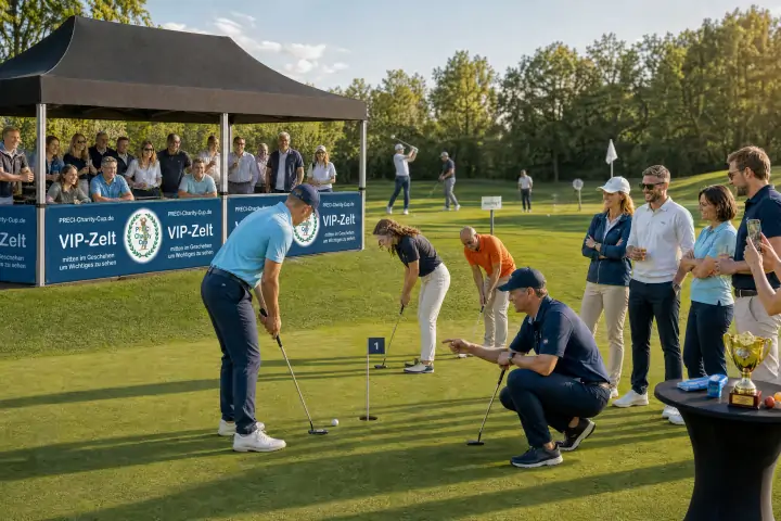 VIP-Zelt am Grün mit Gästen beim Putting-Contest, Applaus nach gelochtem Putt