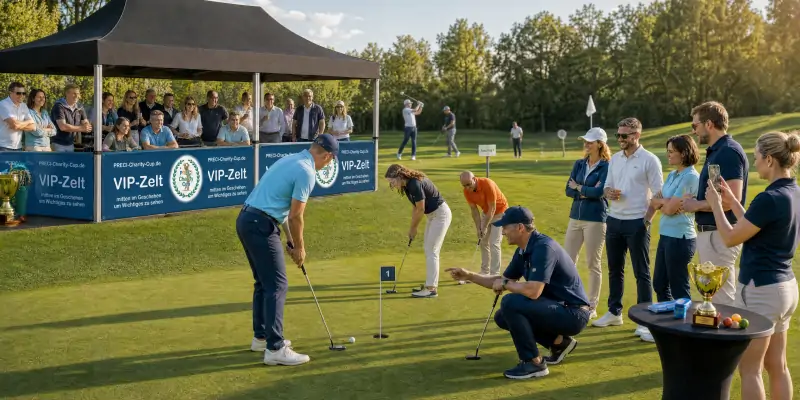 VIP-Zelt am Grün mit Gästen beim Putting-Contest, Applaus nach gelochtem Putt