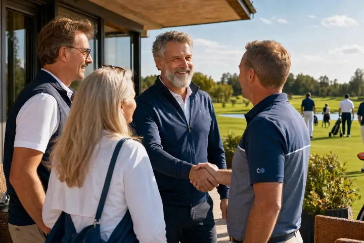 Inhaber begrüßt Teilnehmer vor dem Clubhaus in Dillingen auf sonniger Terrasse mit Blick aufs Fairway