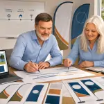 Horst und Karin planen im Besprechungsraum Werbemittel und Zeitplan für den PRECI Charity Cup