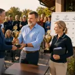 Übergabe von Company-Champion- und Impact-Award-Pokal auf der Clubhausterrasse vor Publikum