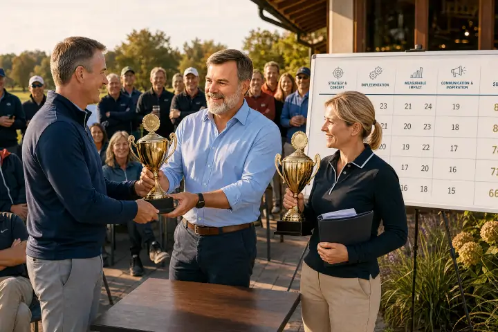 Übergabe von Company-Champion- und Impact-Award-Pokal auf der Clubhausterrasse vor Publikum