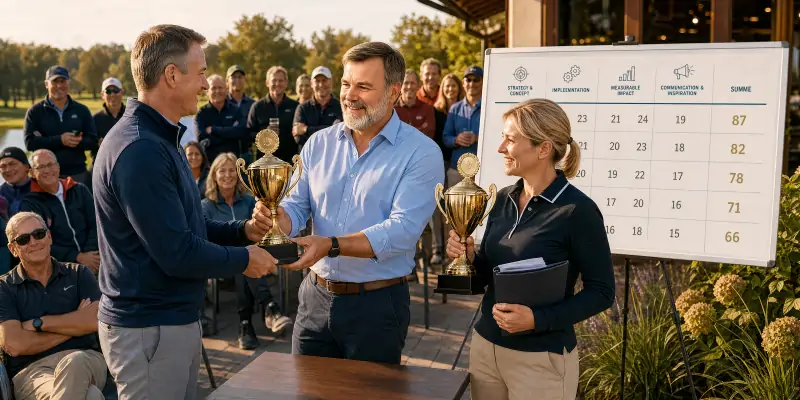 Übergabe von Company-Champion- und Impact-Award-Pokal auf der Clubhausterrasse vor Publikum
